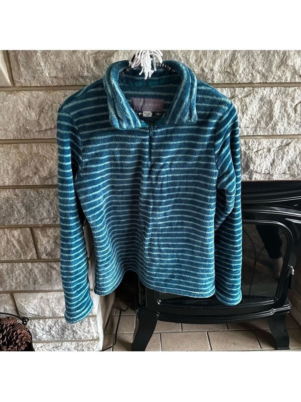 *5 for $45* Laura Scott Teal Striped Fleece Quarter Zip Sweatshirt Medium